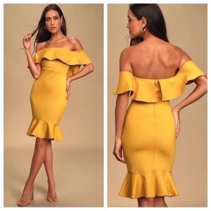 🆕Lulu’s Confidence Boost Mustard Yellow Off-the-Shoulder Bodycon Dress